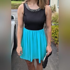 Divine dress with cut outs turquoise & black rhinestone neckline, Prom